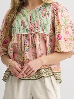 Farmers Market Floral Pintuck Peasant Blouse in Pink & Green